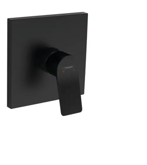 Hansgrohe Einhebel-Brausemischer in mattschwarz, unterputz montiert, mit quadratischer Wandplatte und एकhebelform. Farbcodierung für Wassersteuerung sichtbar.